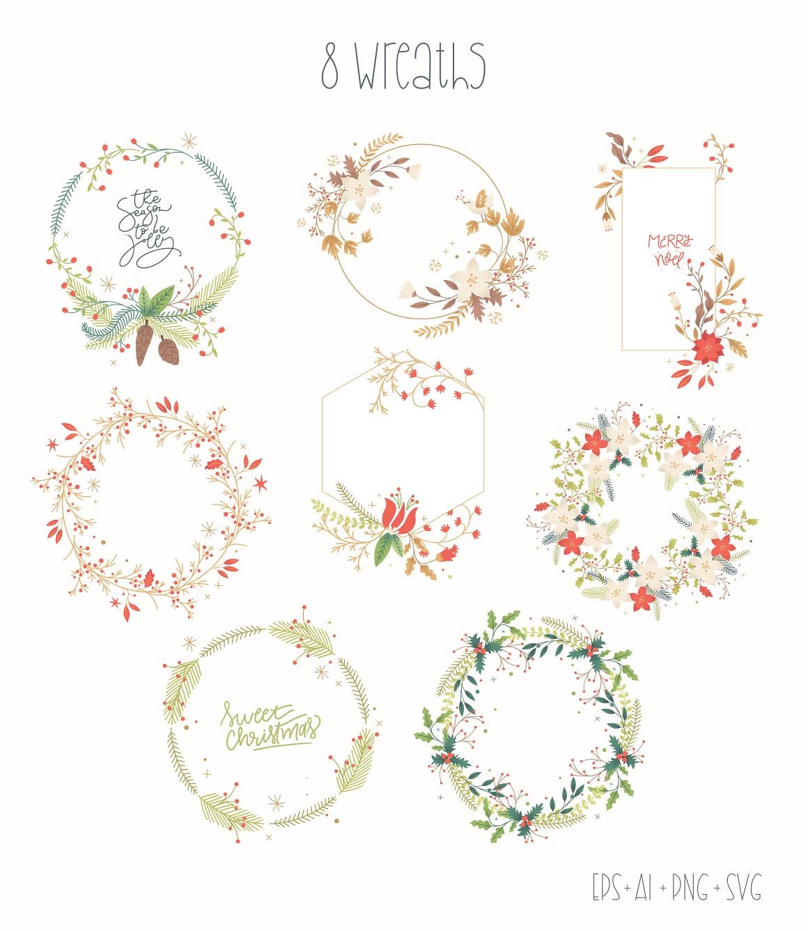 8 Christmas wreaths on the white background.