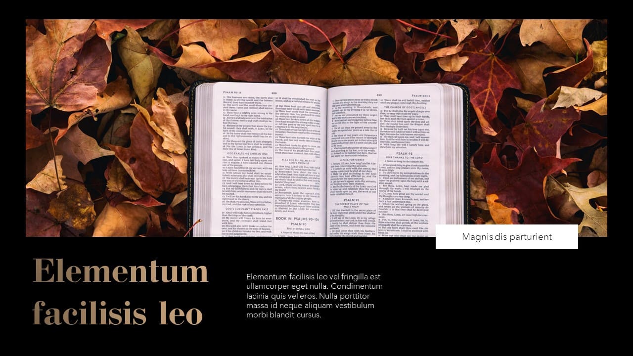 A church book lies among autumn leaves on a dark presentation slide.