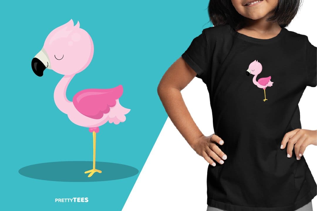 Black t-shirt with a flamingo on a girl, flamingo design sublimation t-shirt, picture with a turquoise and white background.