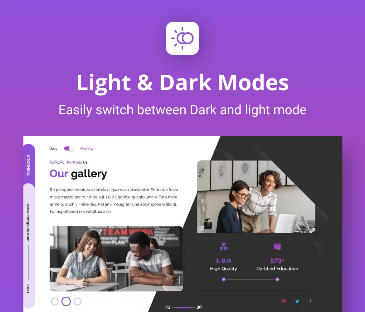 Light & Dark Modes, Easily switch between Dark and light mode.