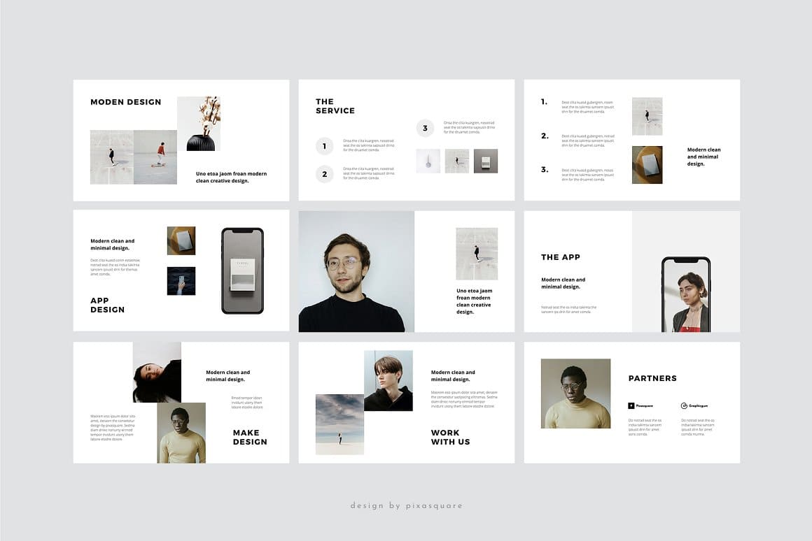 Modern keynote template slides: Moden Design, The Service, App Design, The App.