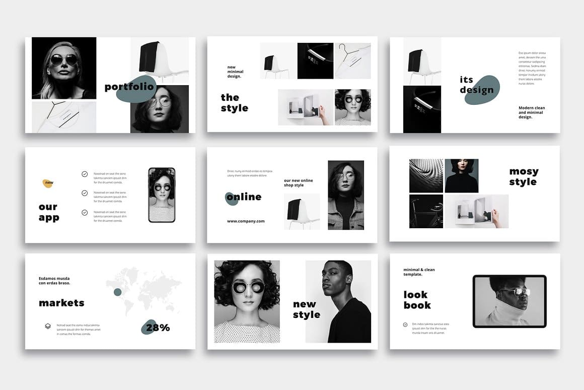 9 Mosy slides: portfolio, the style, its design, our app, online, mosy style.
