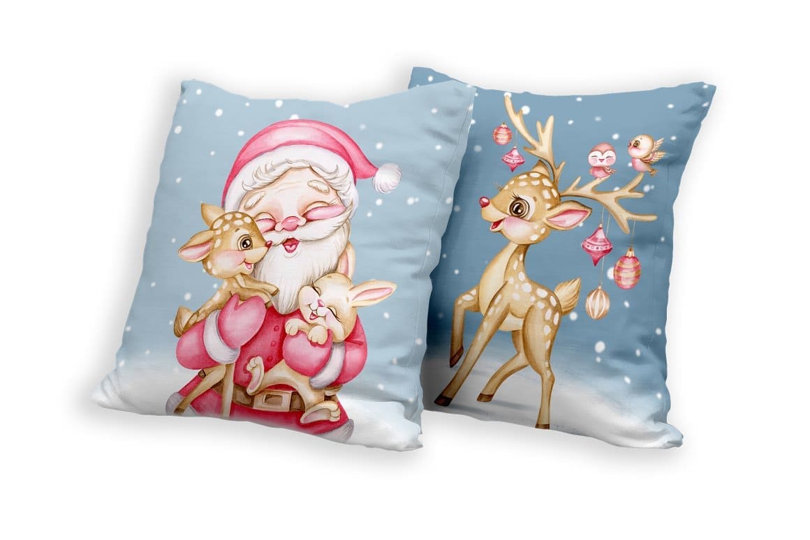 Two pillows with a Christmas print in pink.