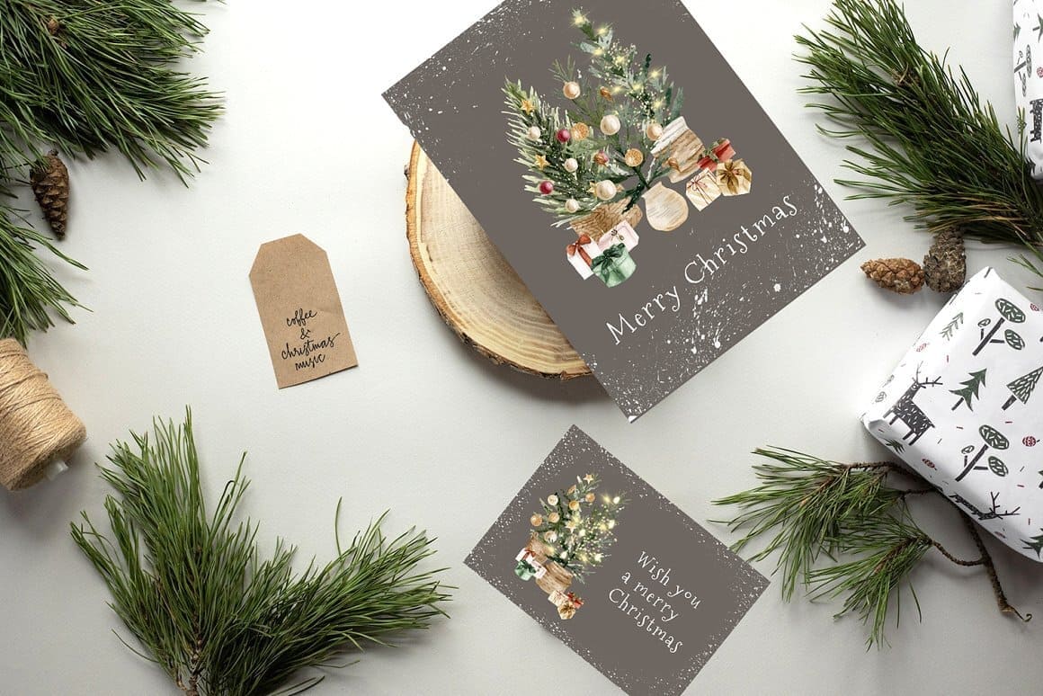 Christmas trees, gifts and Merry Christmas wishes are drawn on gray Christmas cards.