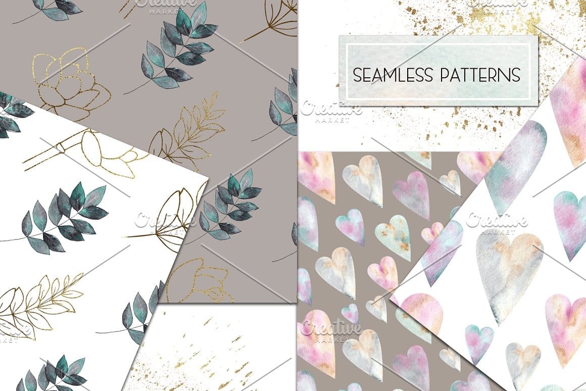 Samples of patterns in gray and white color with drawn hearts and plants.