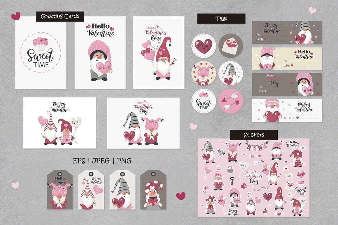 Rectangular, round cards, tags and designs with Valentine gnomes.