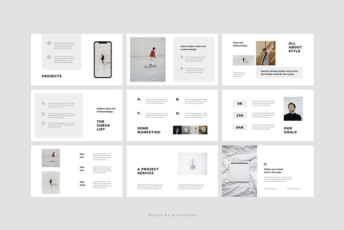 Modern keynote template slides: Projects, All About Style, The Check List.