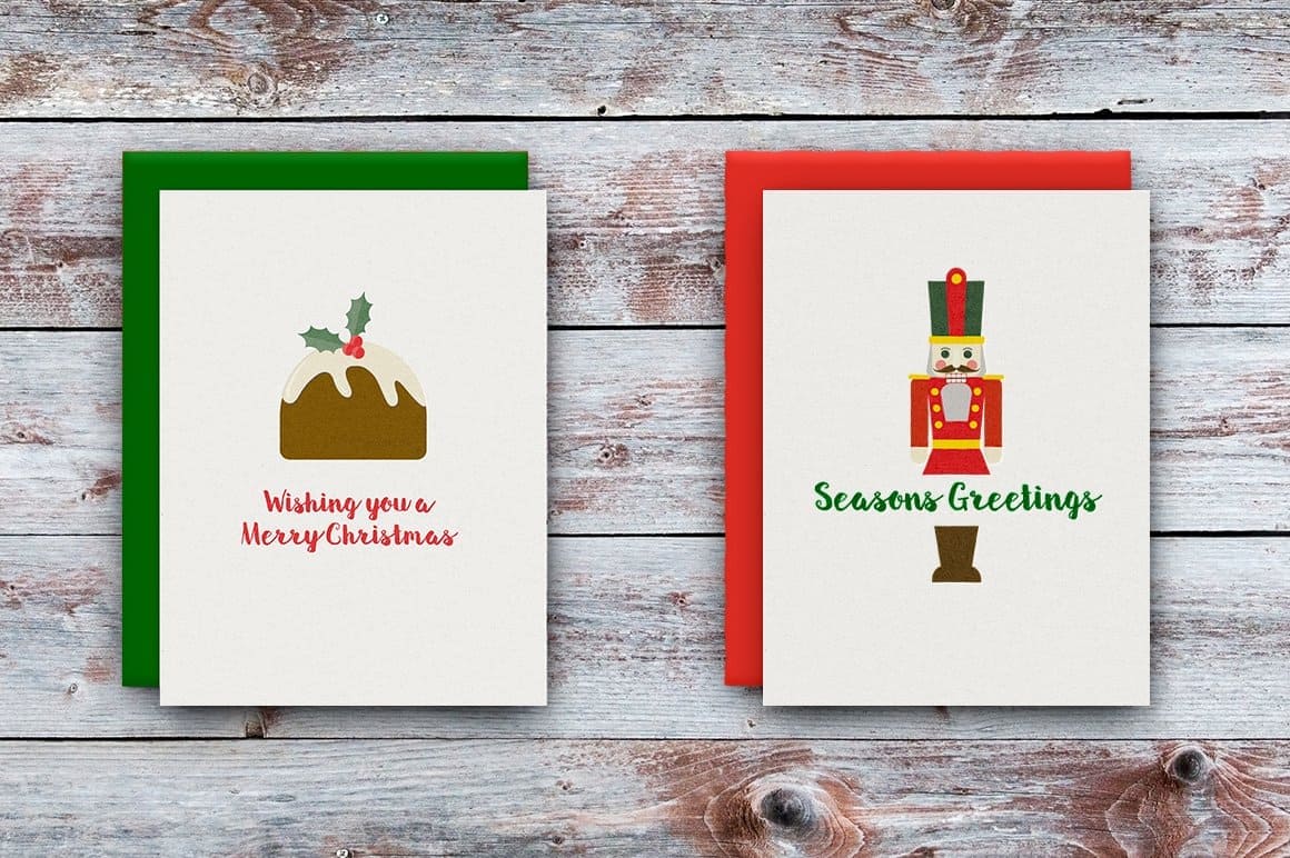 Two Christmas cards with a pattern of a muffin and a nutcracker.