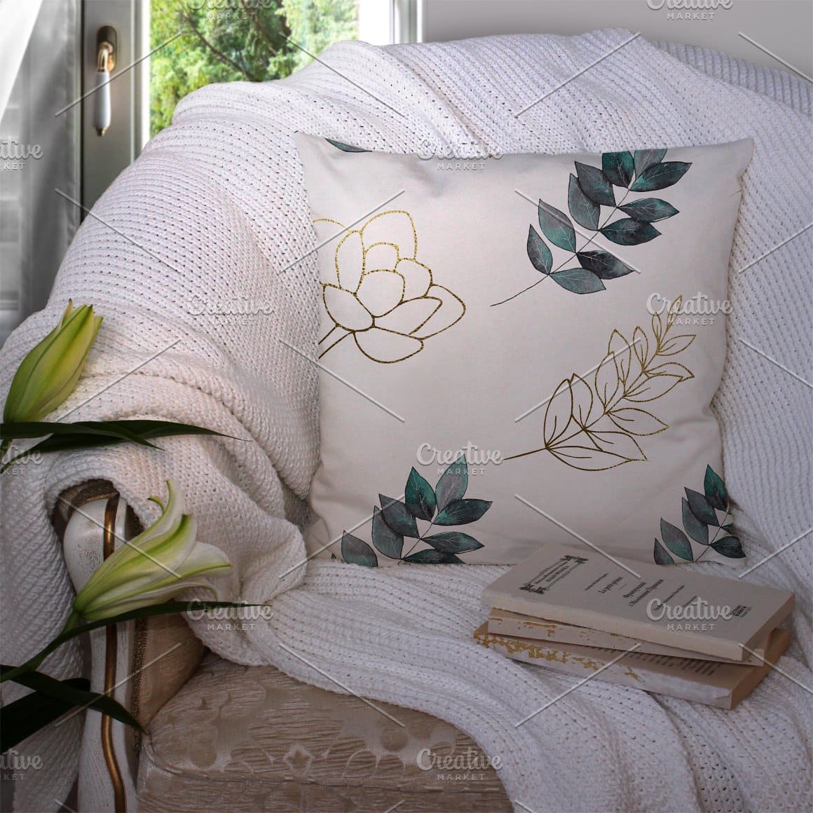 Decorative pillow with a contour design of flowers and plants.