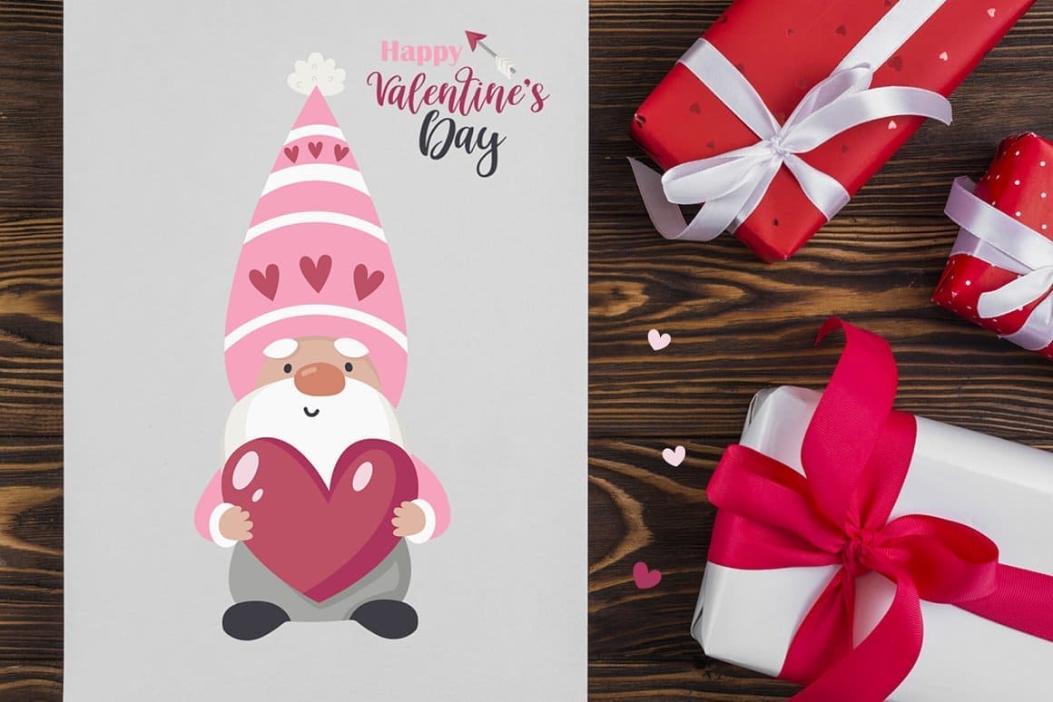 Large gray pattern with three pink and white gifts with Valentine gnomes.