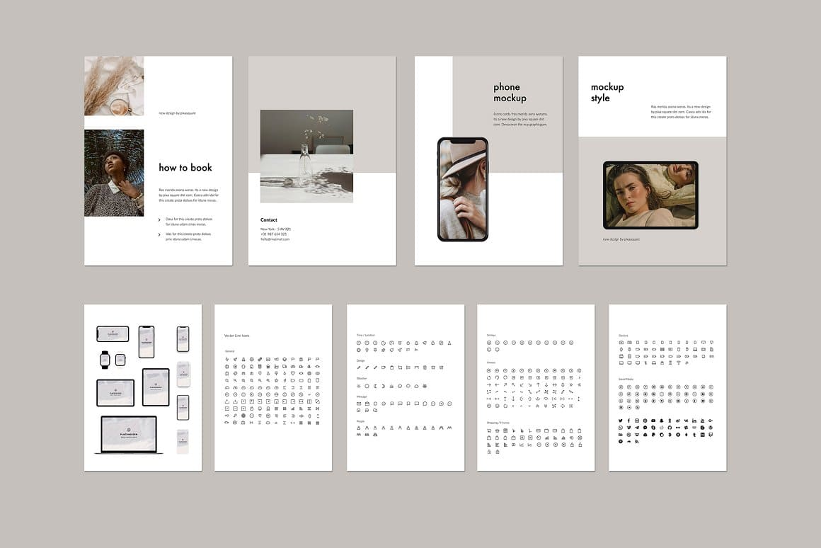 9 slides Kara A4: How to book, Contact, Phone mockup, Mockup style.