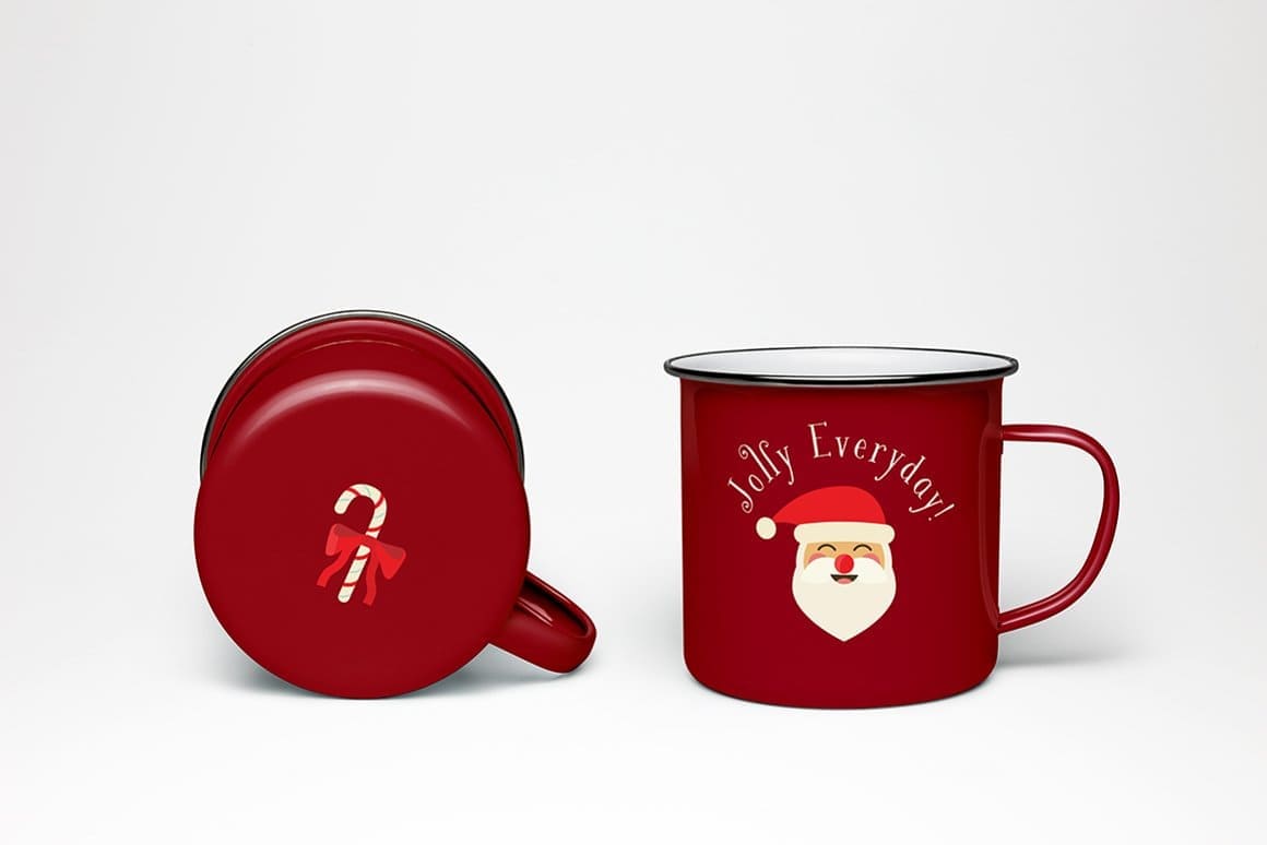 Two red Christmas mugs with a pattern of santa claus and a lollipop cane.