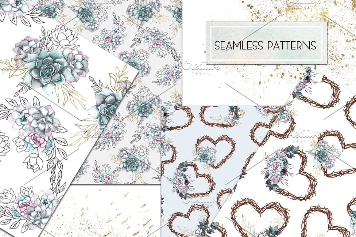 Patterns with watercolor bouquets and hearts decorated with flowers.