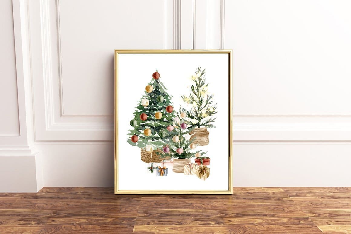 The painting depicts a watercolor drawing of a Christmas tree and Christmas gifts.