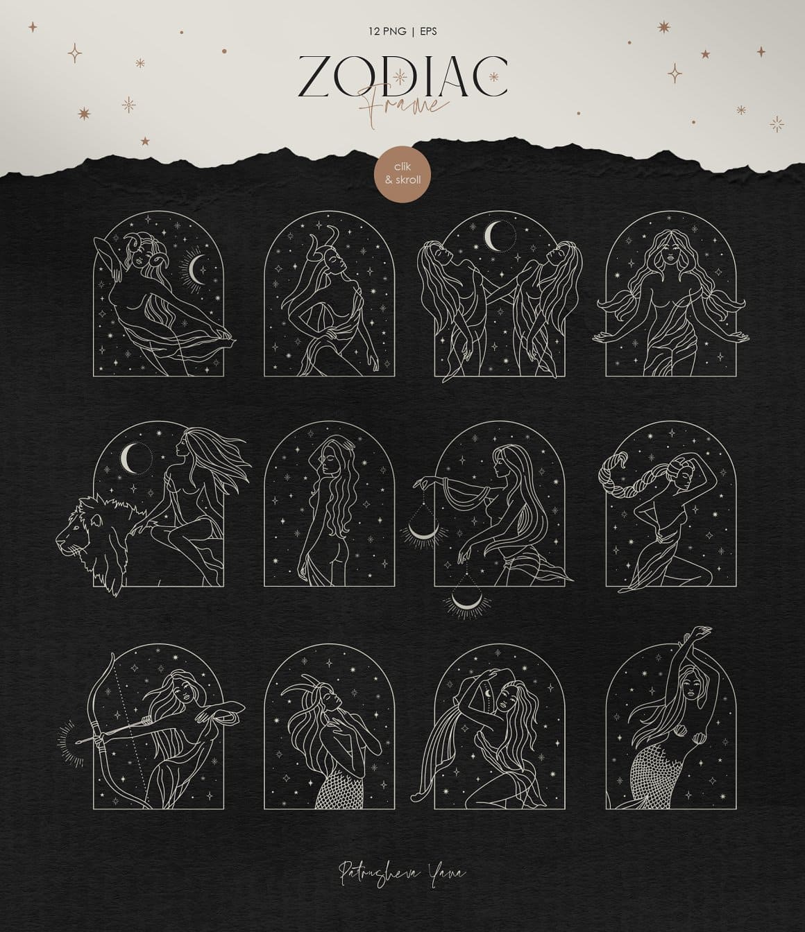 Zodiac Frame on black & white background.