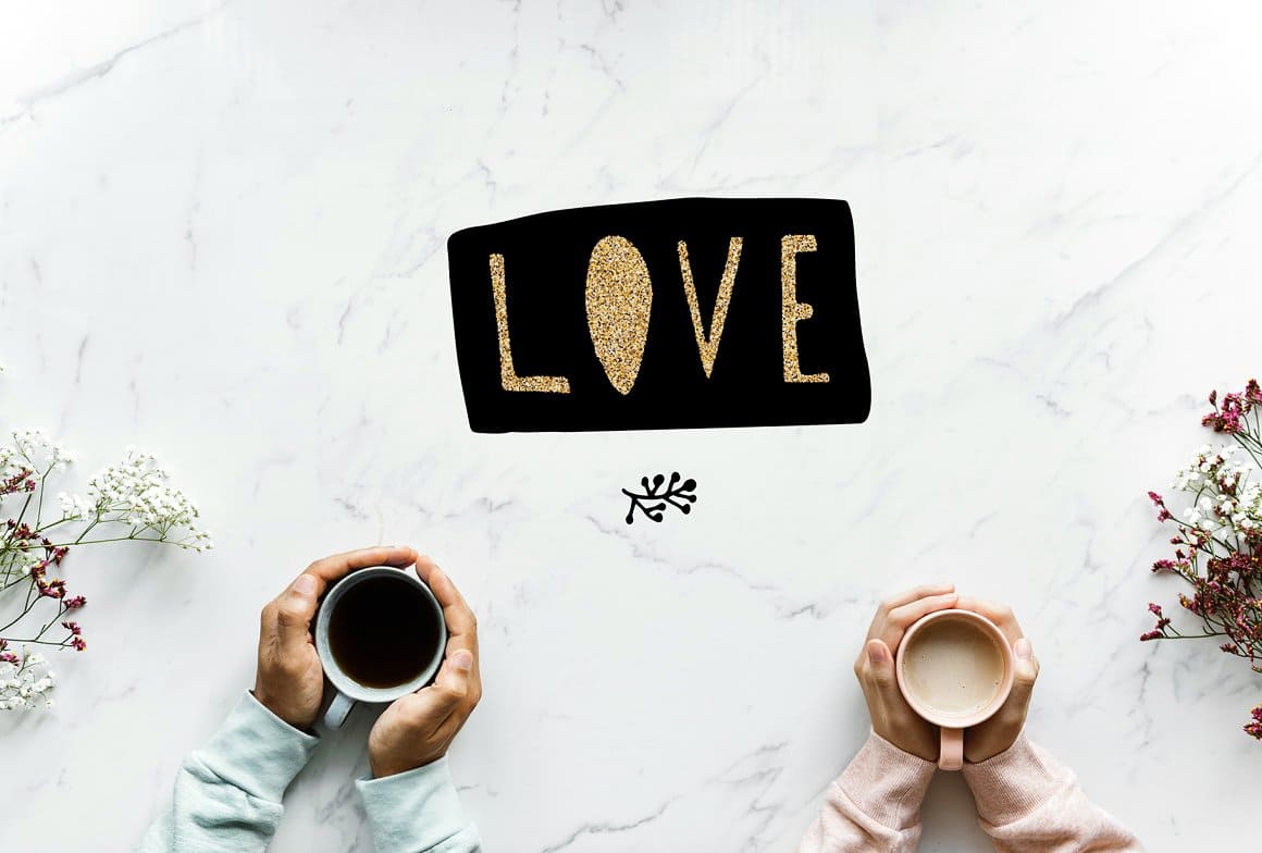 People in love are holding cups of coffee.