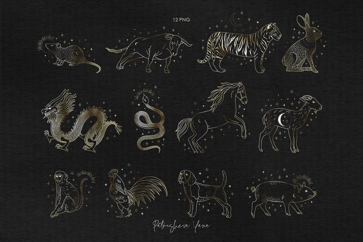 12 golden animals in the form of zodiac signs on a dark background.