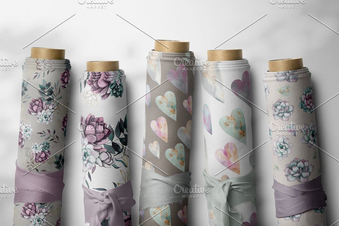 Five examples of fabrics with a romantic floral print.