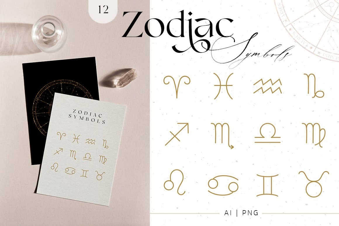 Zodiac symbols on the white card.