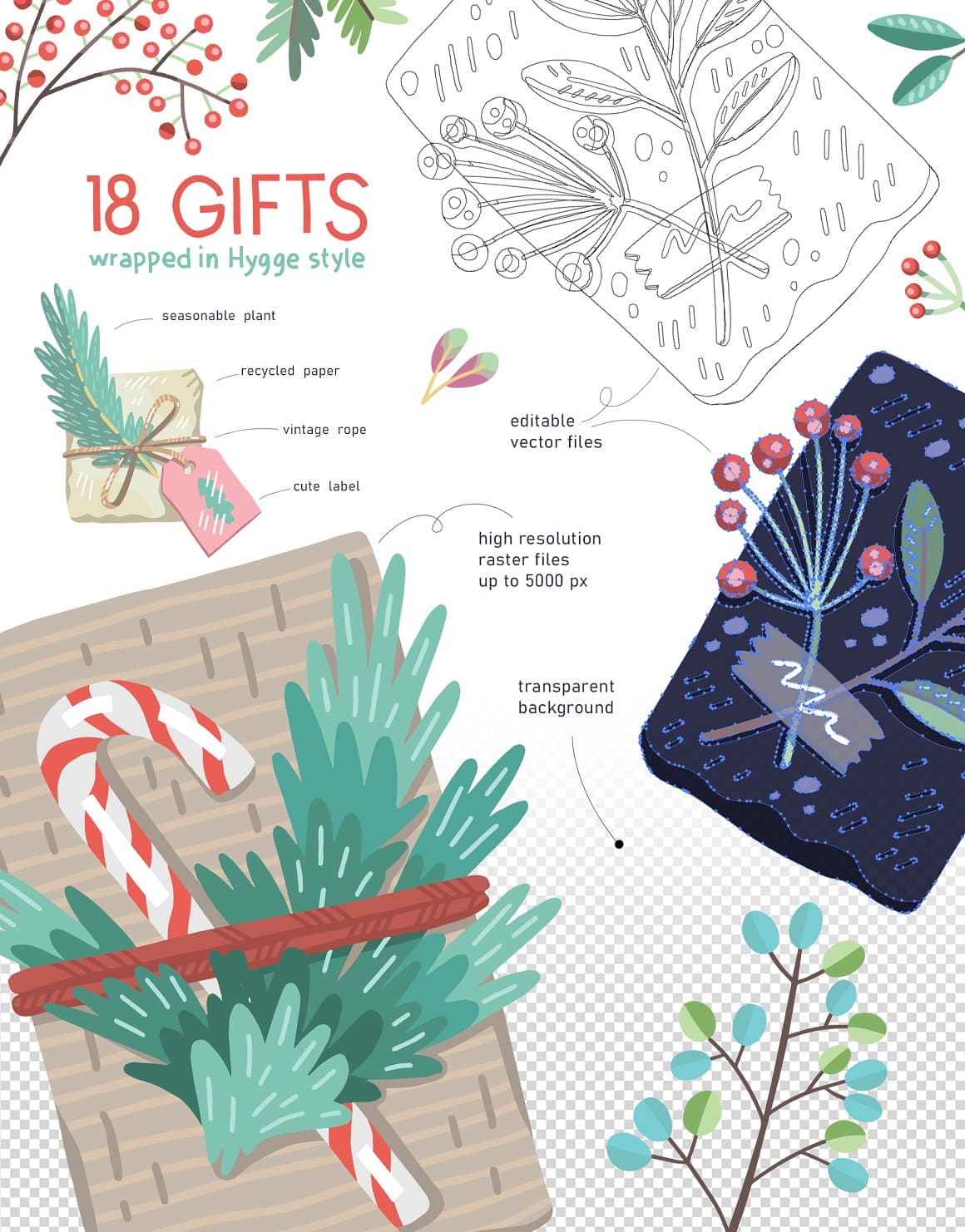 18 gifts on the transparent background.