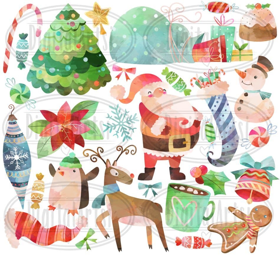 Large cartoon images of Christmas elements.