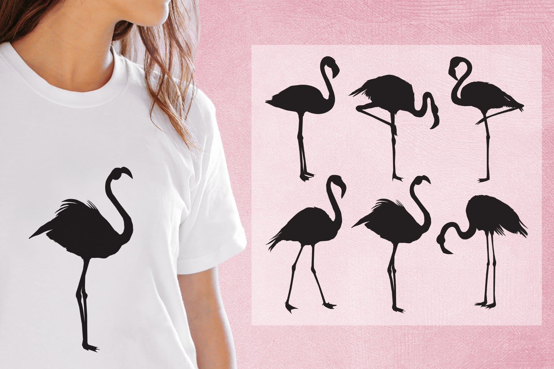 Six images of flamingo silhouettes on a light pink background.