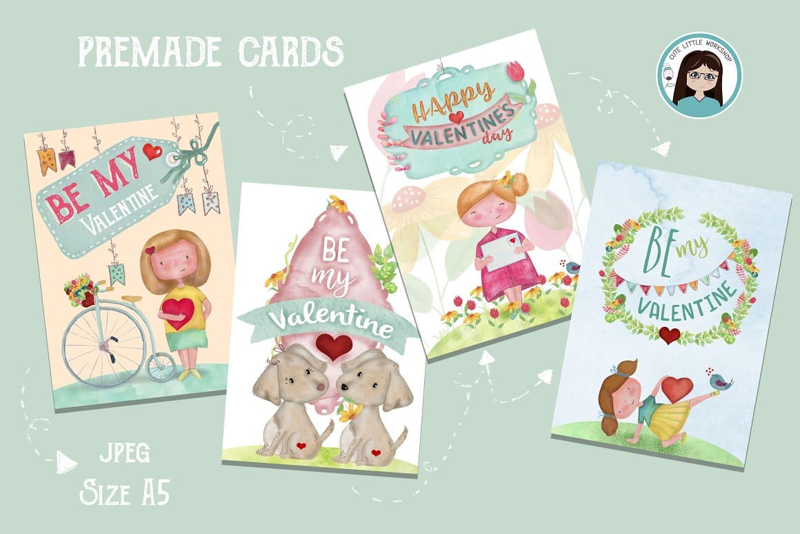 Cards with the image of children, nature for Valentine's Day.