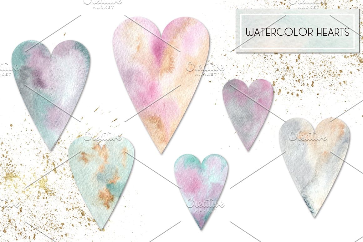 Watercolor hearts on the white background.