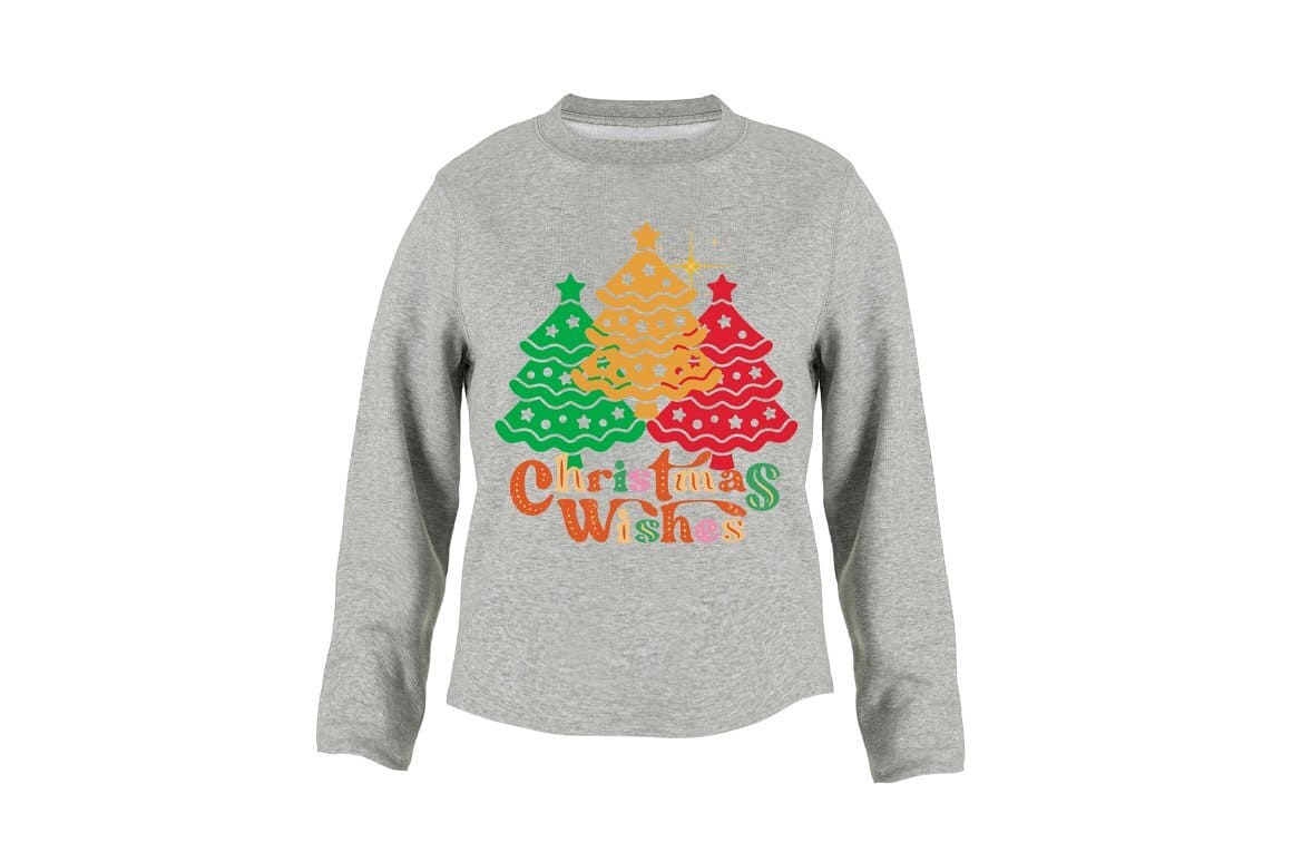 An image of a gray sweater on which three colored Christmas trees are drawn.