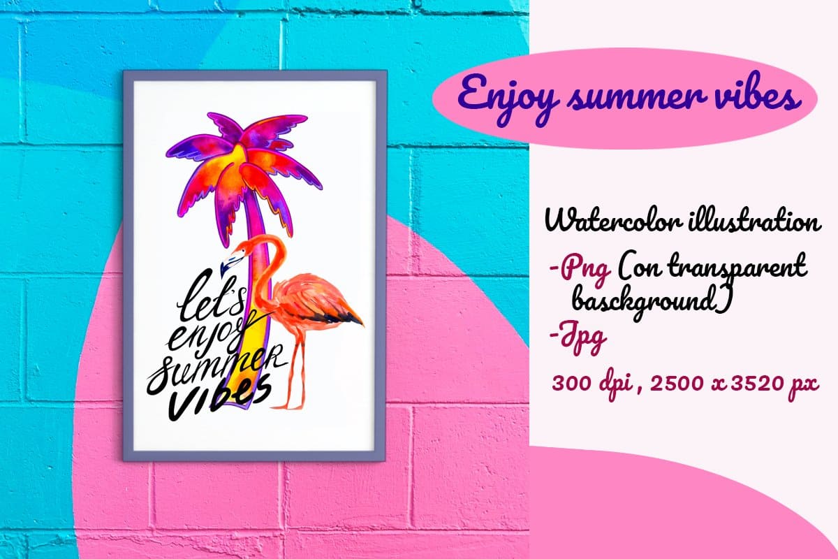 Summer design in pink and purple colors with a drawn flamingo and palm tree on a white background.