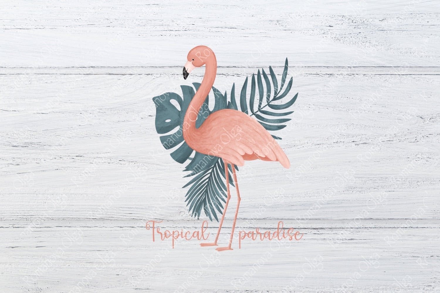 A tropical paradise featuring a pink flamingo.
