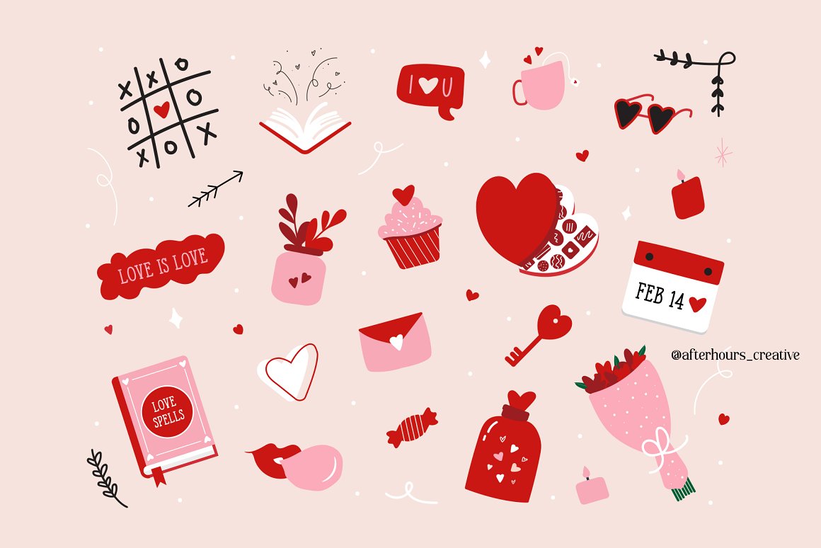 Illustrations with romantic gifts for Valentine's Day.