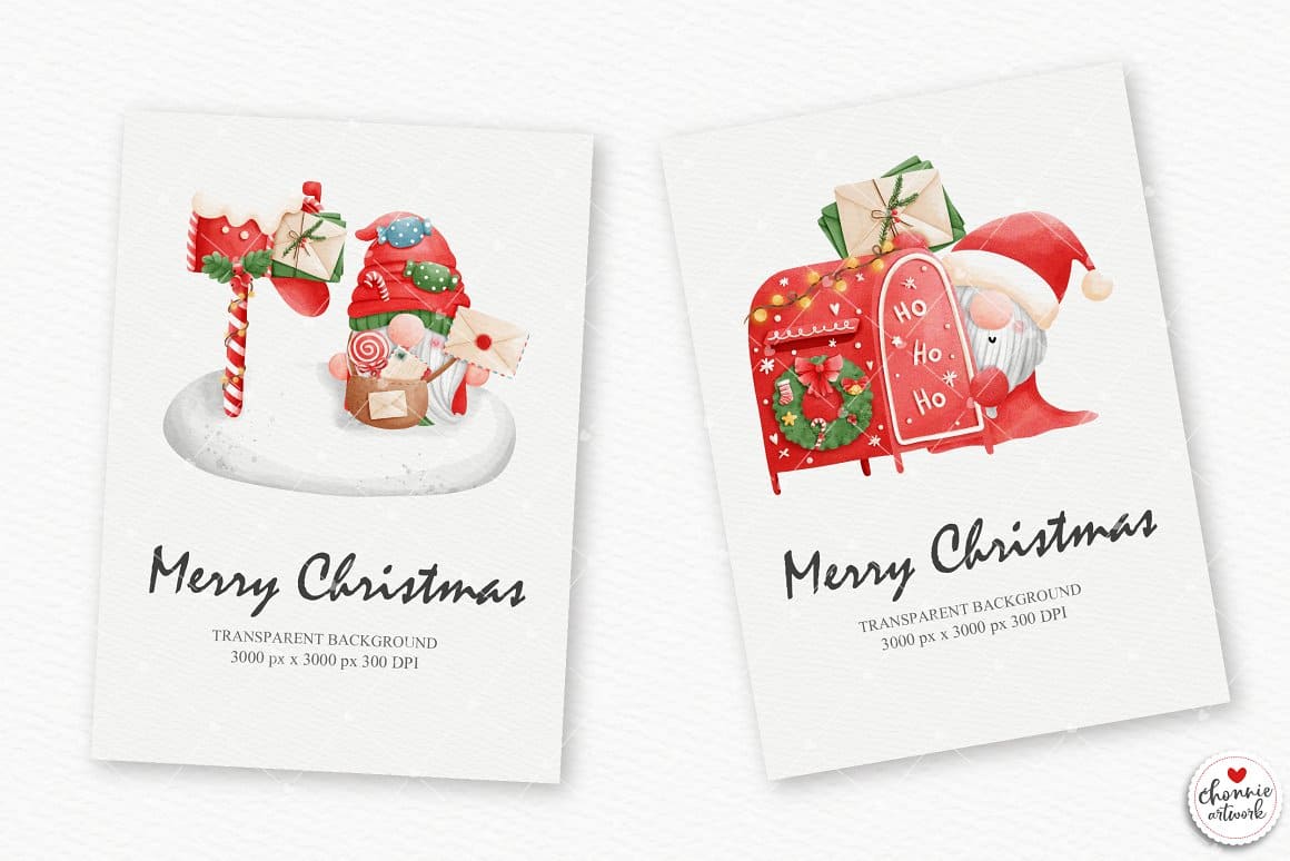 Two cards with inscription "Merry Christmas" and images gnomes.