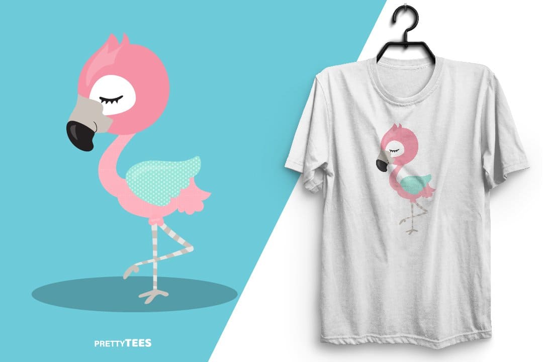 A flamingo with a blue wing is drawn on a white T-shirt.