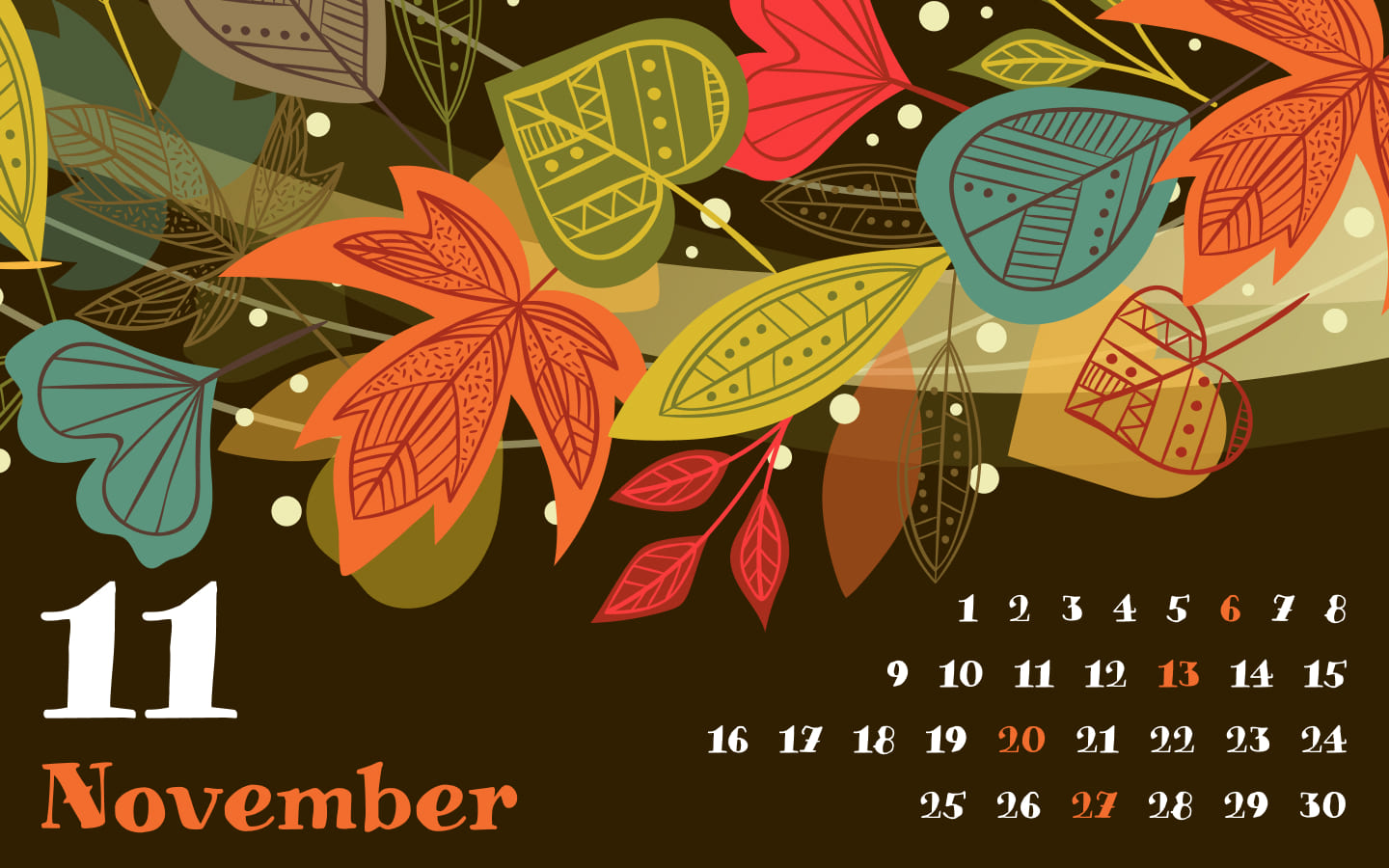 Eleventh page of the calendar for November in brown close up.