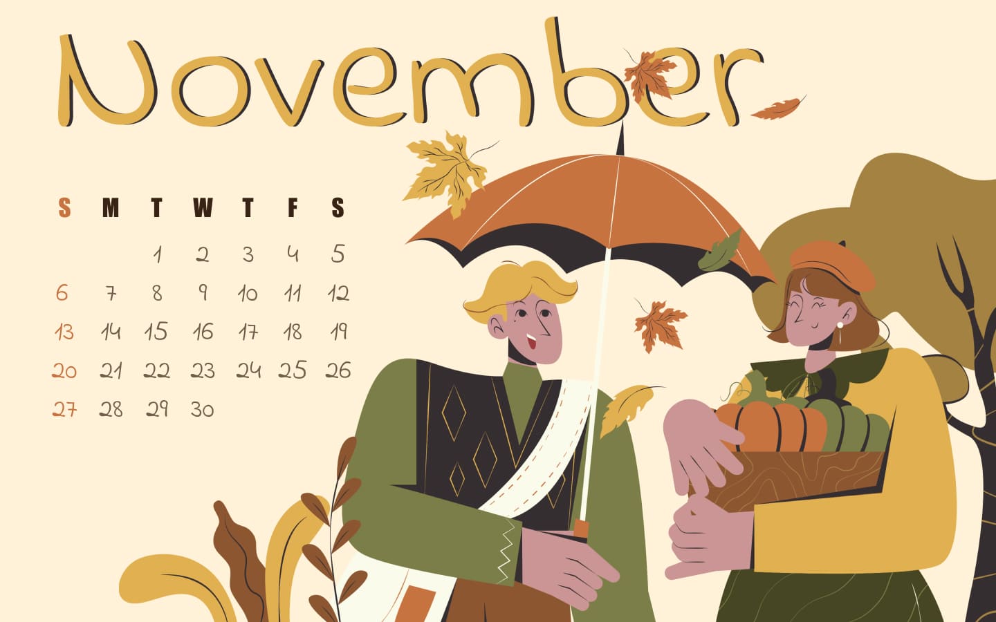 Free autumn November calendar, image size 1400x900.