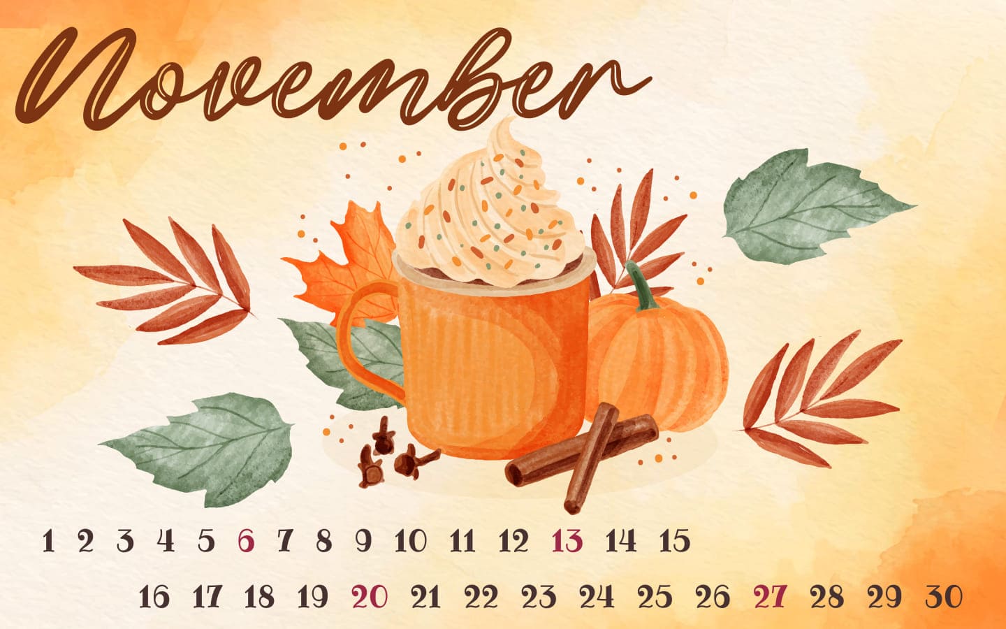Free food calendar for November 1400x900.