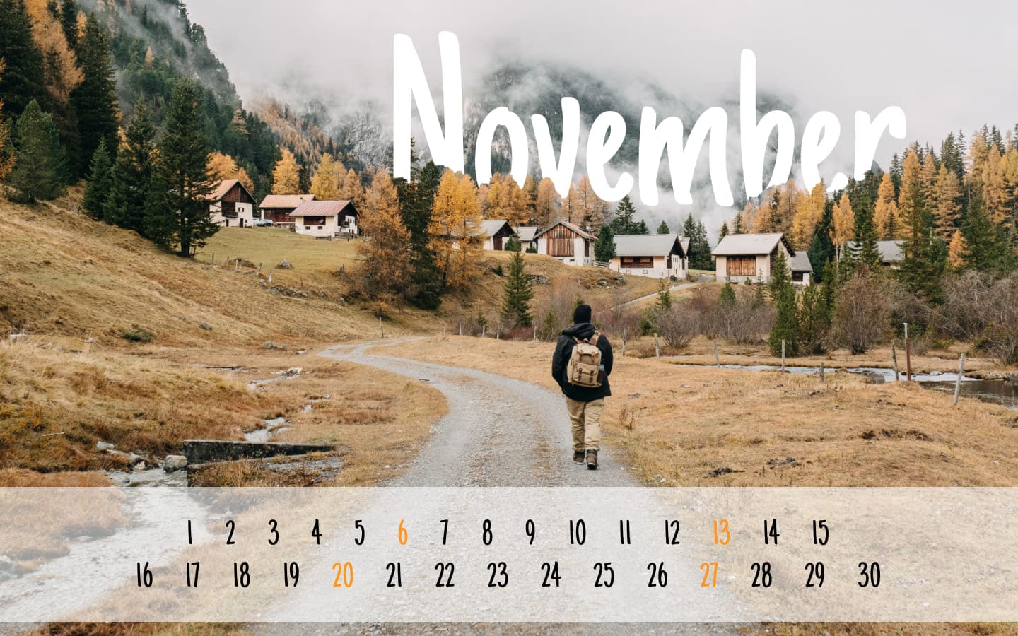 Free November calendar with mountains size 1400x900.