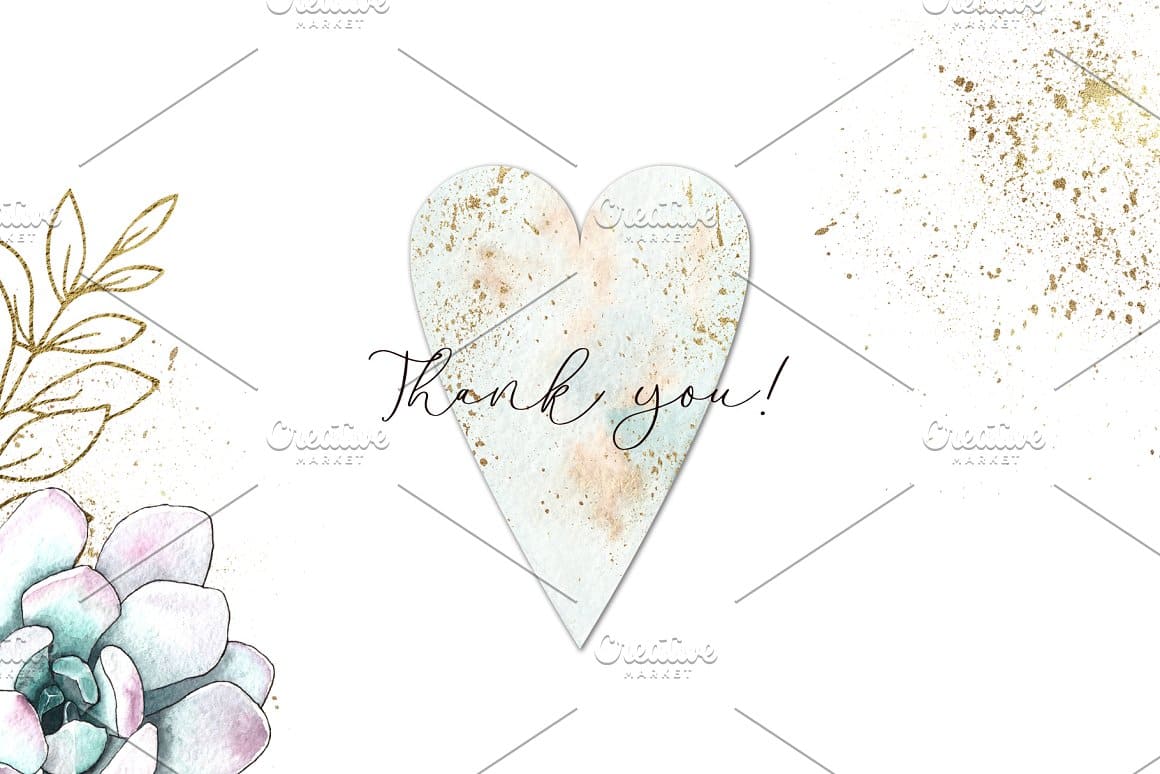 The word "Thank you" is written on the background of a watercolor heart.
