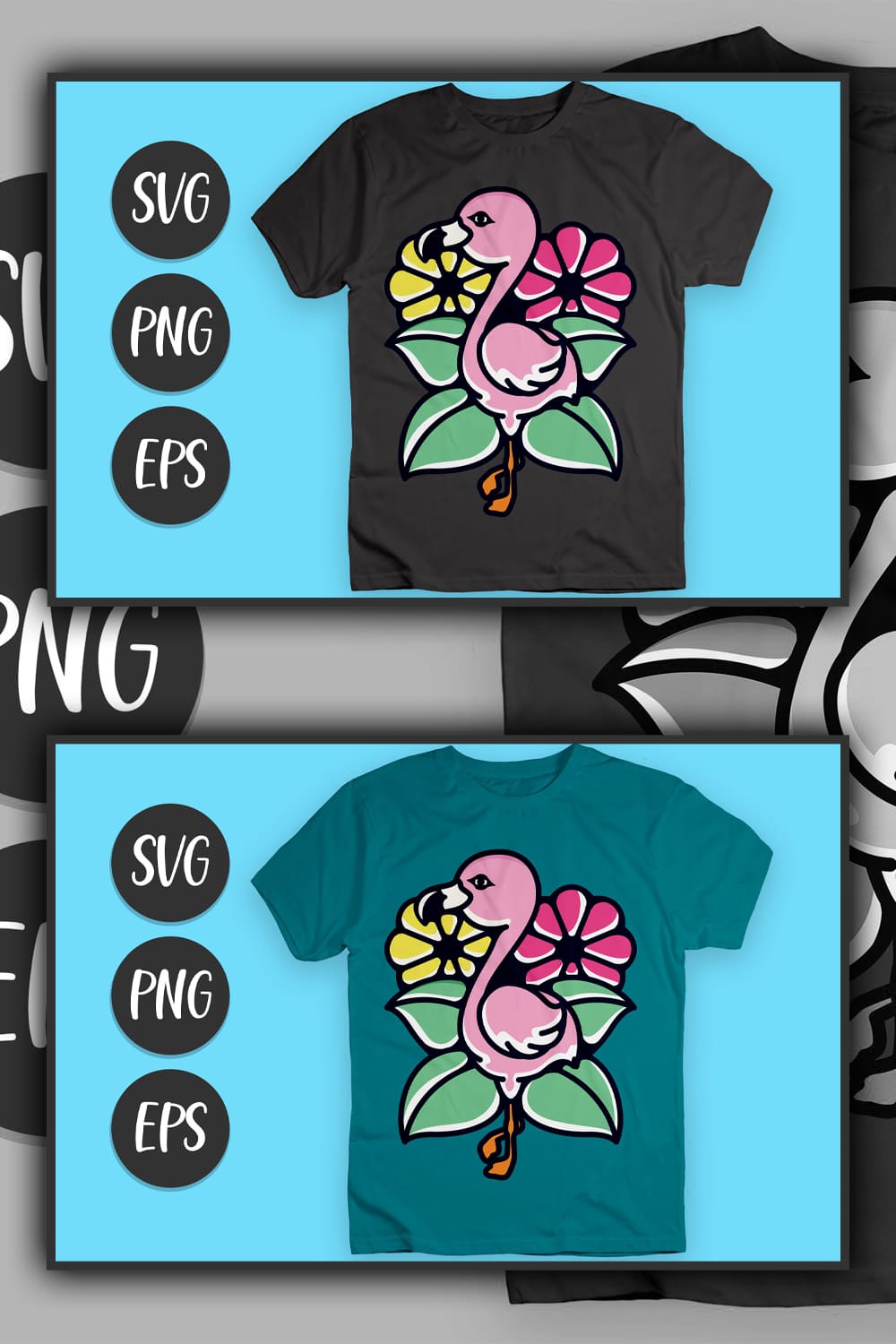 A pink flamingo among tropical plants is painted on two colored t-shirts.