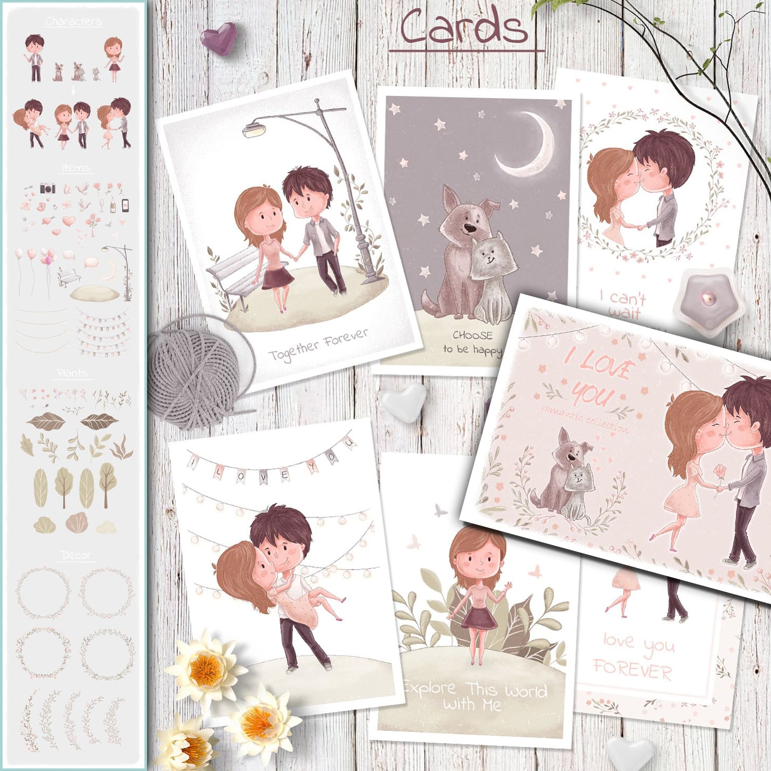 Cards with the image of couples in love walking, hugging, kissing.