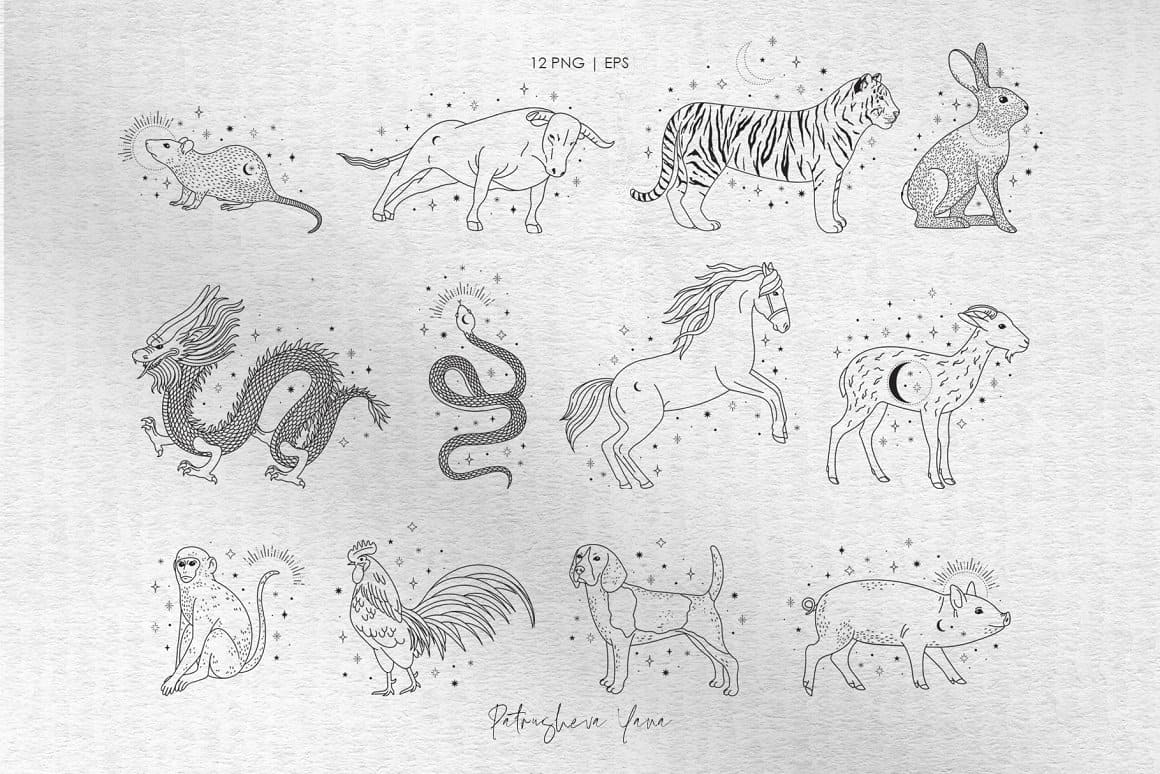 Animals, signs of the zodiac on a white background.