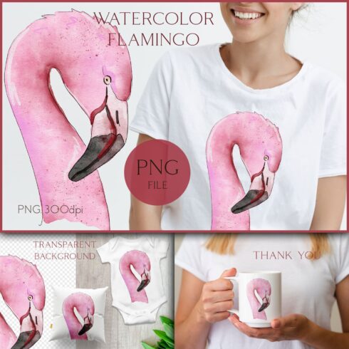 Watercolor pink flamingo head painted on white baby things.