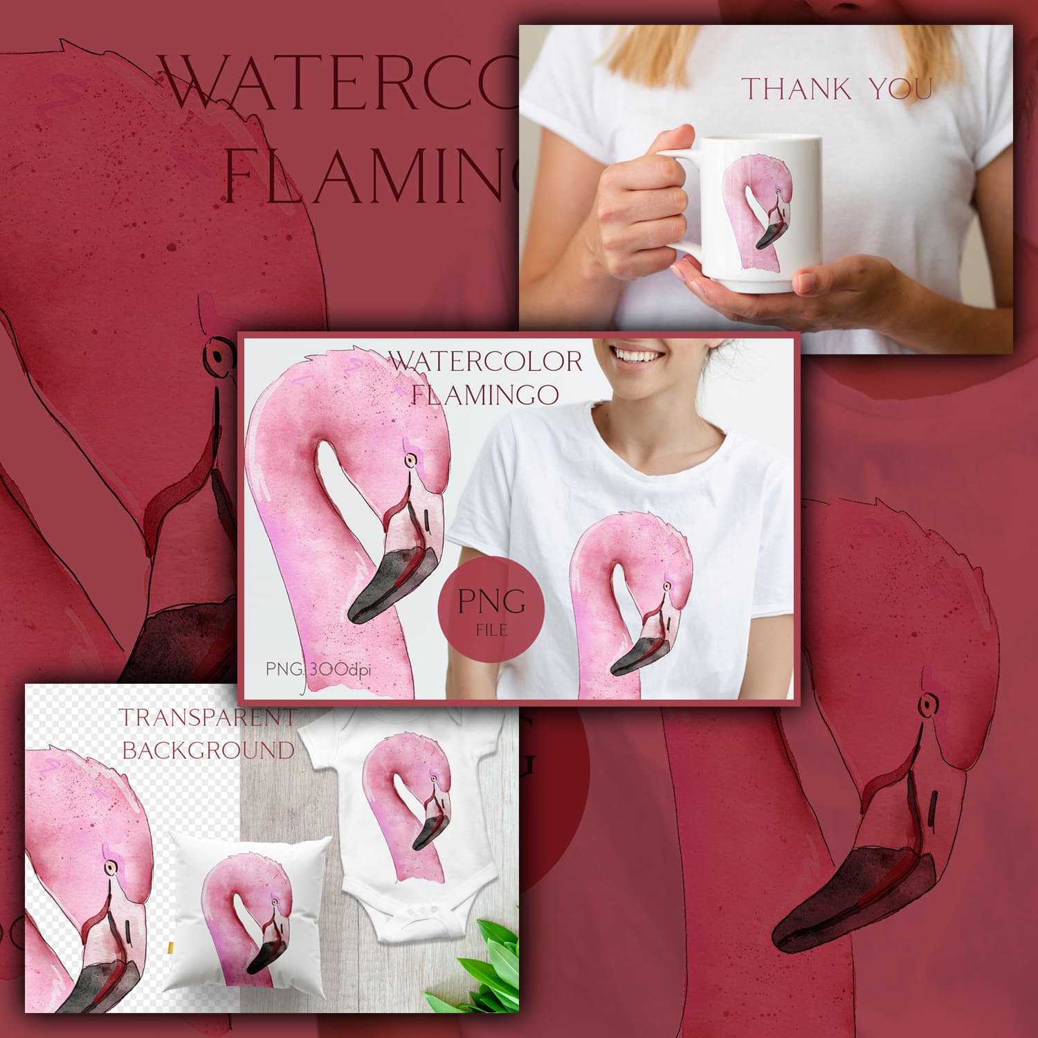 Three slides with drawings of a watercolor head of a flamingo.
