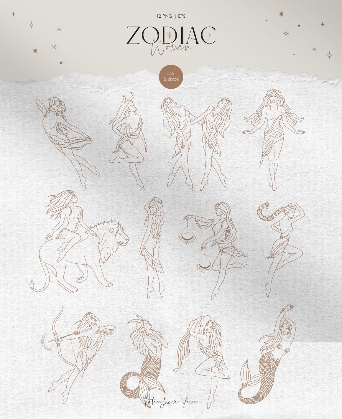 Golden drawings of girls, zodiac signs on a beige background.