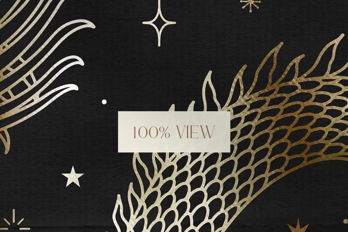 Heading "100% View", signs of the zodiac on black fabric.