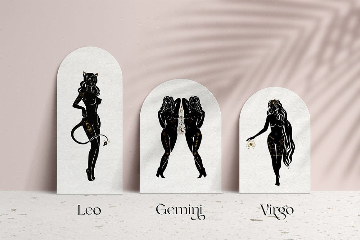 Leo, Gemini, Virgo on the white cards.