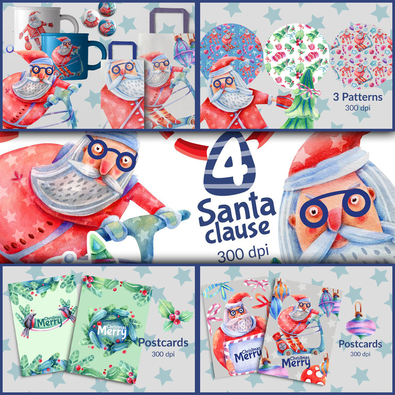 Watercolor Christmas Fishing Santa Clipart T-Shirt Design Bundle