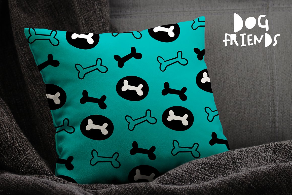 Green pillow with bones for dogs.