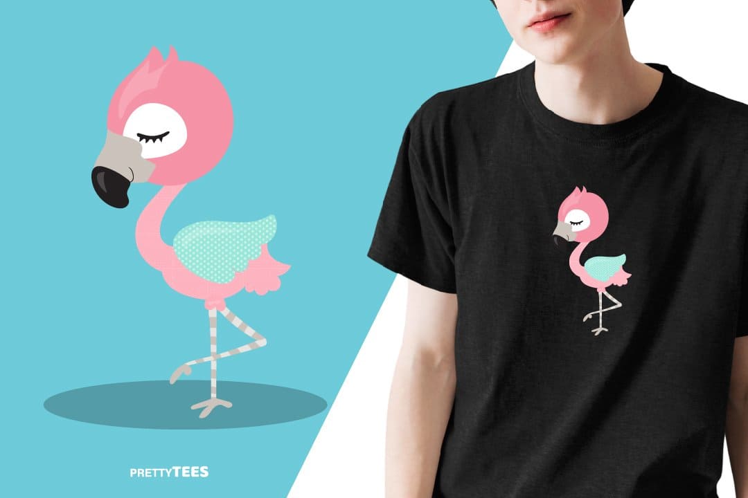 Black t-shirt with a children's drawing of a flamingo.